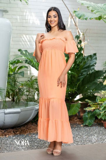 SMOKED FRILL HEM MAXI DRESS CORAL COLOR