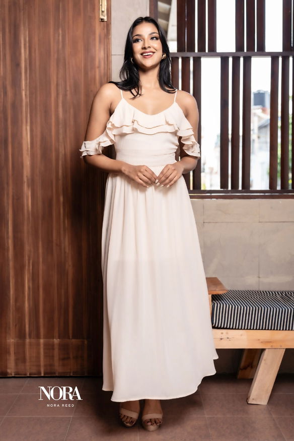 DOUBLE FRILL DETAIL COLD MAXI DRESS BEIGE
