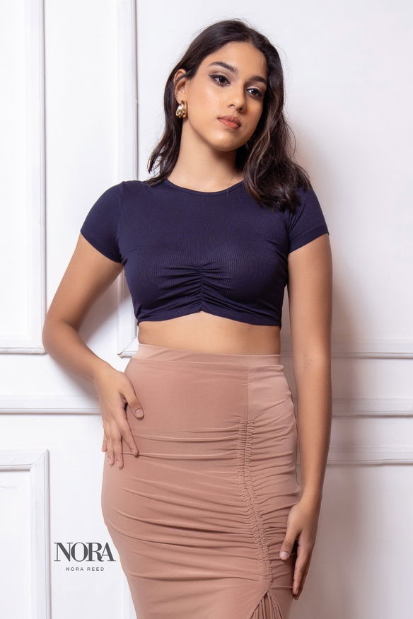 FRONT GATHERED RIBBED CROP TOP NAVY BLUE