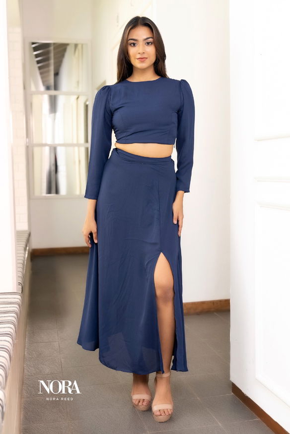 BACK BUTTON DETAIL LONG SLEEVE TOP AND MAXI SKIRT TWO PIECE SET NAVY BLUE