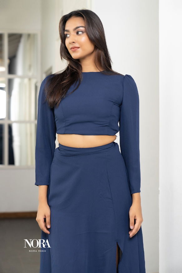 BACK BUTTON DETAIL LONG SLEEVE TOP AND MAXI SKIRT TWO PIECE SET NAVY BLUE