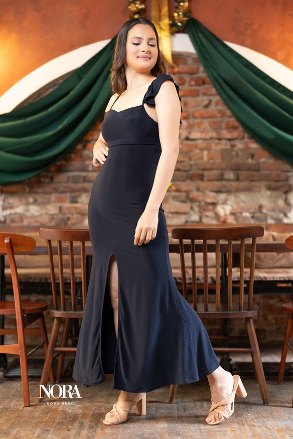 Cold Shoulder Frilled Sleeve Maxi Dress Navy Blue