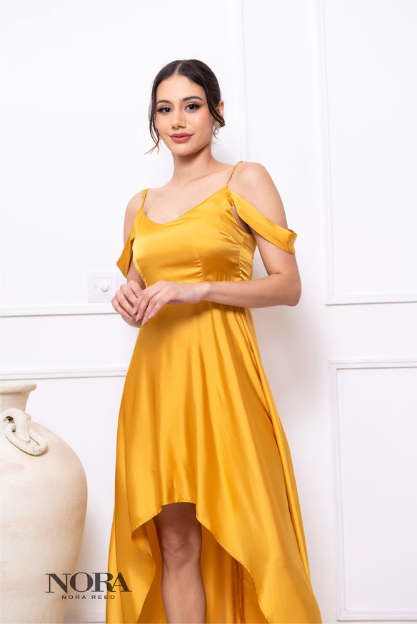 Cold Shoulder High Low Maxi Dress Gold