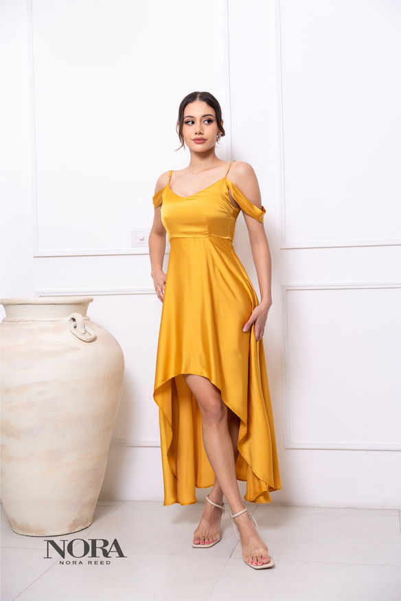 Cold Shoulder High Low Maxi Dress Gold