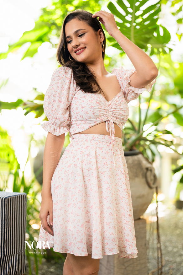FLORAL PRINTED DRAWSTRING FRONT CUTOUT  DRESS