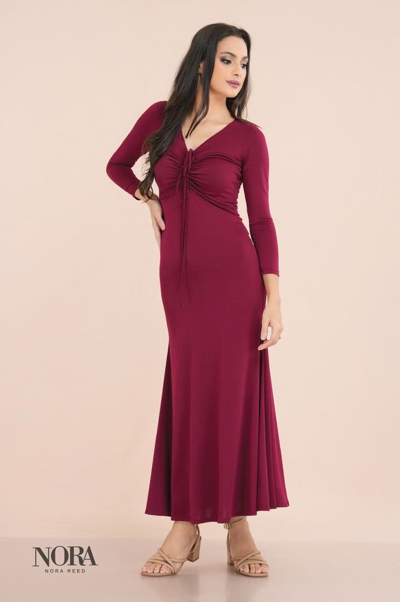 Front Gathered Fish Tailed Maxi Dress Maroon