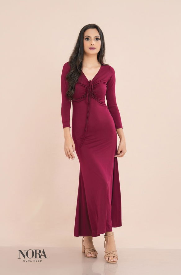 Front Gathered Fish Tailed Maxi Dress Maroon