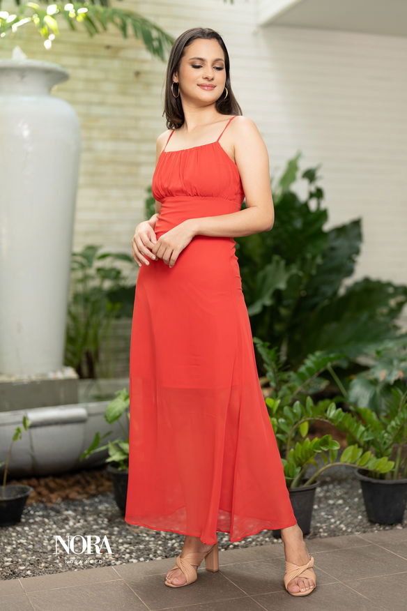 GATHERED FRONT MAXI DRESS ORANGE