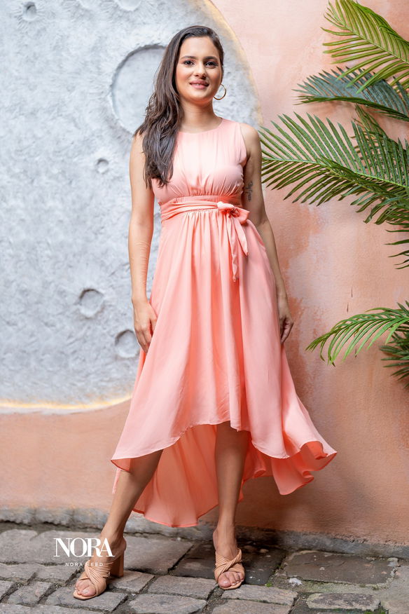 HIGH NECK HIGH LOW DRESS PINK