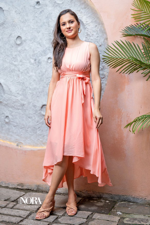 HIGH NECK HIGH LOW DRESS PINK