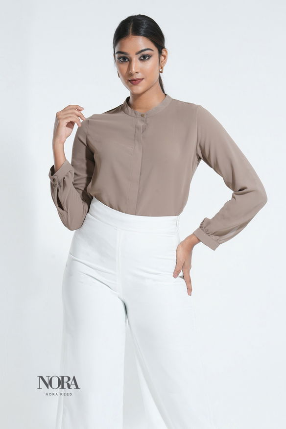 Long Sleeve Button Detail Workwear Top Nude