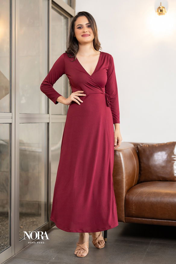 Long Sleeve Front Overlap Maxi Dress Maroon