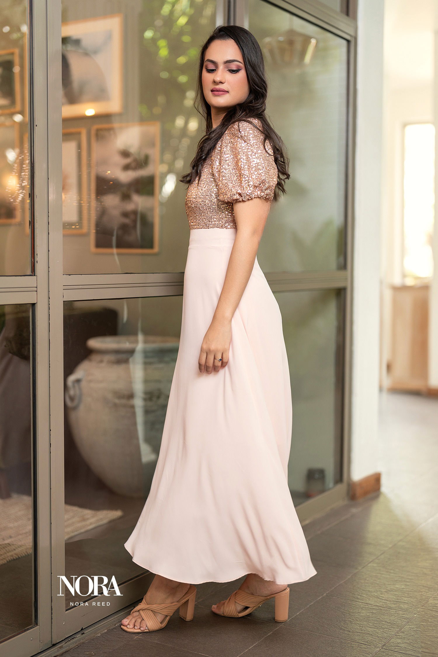 Buy elegant one shoulder puff sleeve maxi dress light pink at Nora Reed