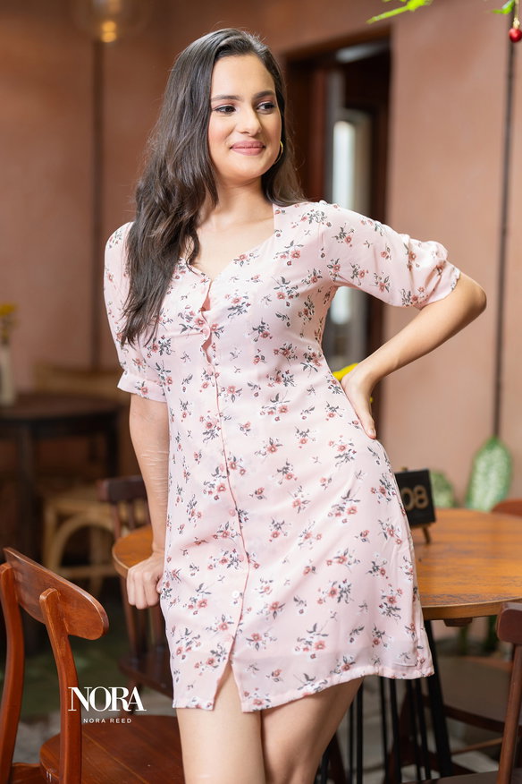 PINK PRINTED BUTTON DOWN SWEETHEART NECK DRESS 