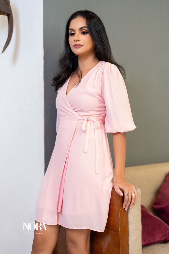 PUFF SLEEVE PEACH WRAP AROUND DRESS