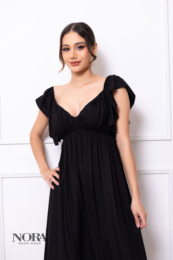 Ruffled Sleeve Sweetheart Neckline Midi Dress Black