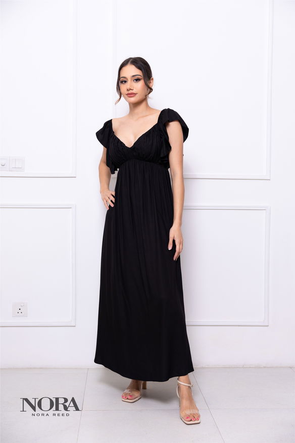 Ruffled Sleeve Sweetheart Neckline Midi Dress Black