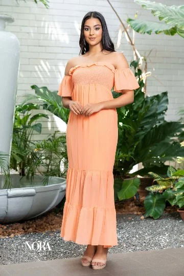 SMOKED FRILL HEM MAXI DRESS CORAL COLOR