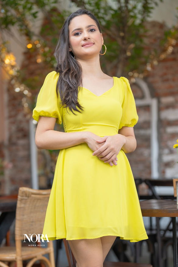 Sweetheart Neckline Puff Sleeve Mini Dress Bright Yellow