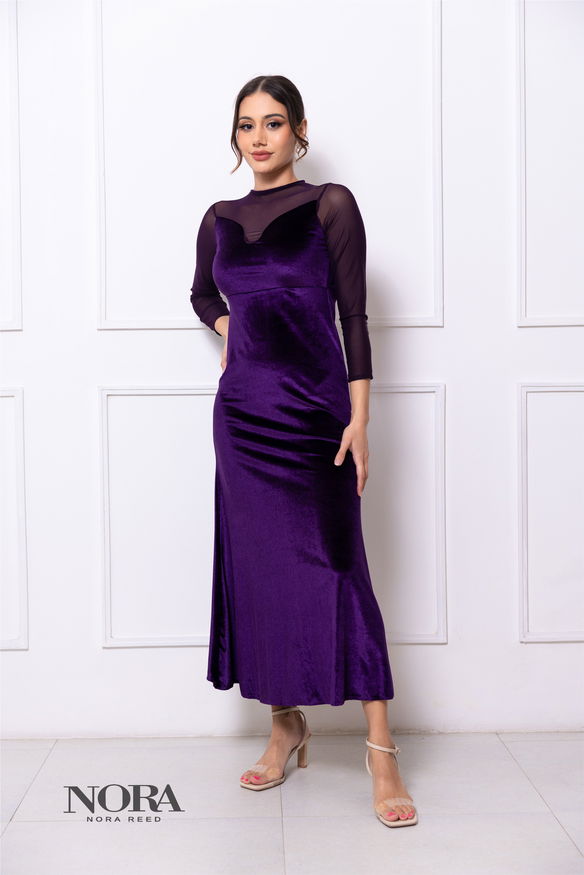 VELVET SWEETHEART NECKLINE MESH DETAILED LONG SLEEVE MAXI DRESS PURPLE