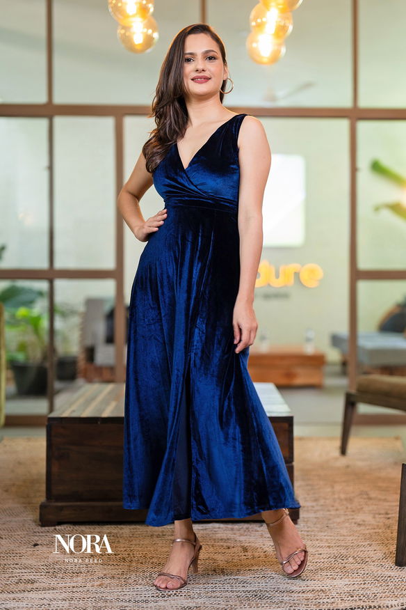WAIST DETAIL VELVET MAXI DRESS NAVY BLUE