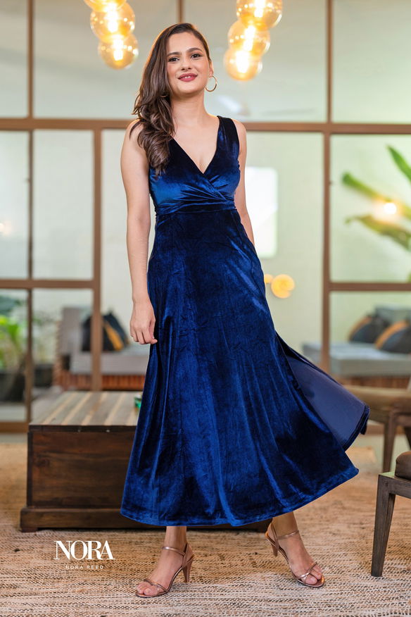 WAIST DETAIL VELVET MAXI DRESS NAVY BLUE