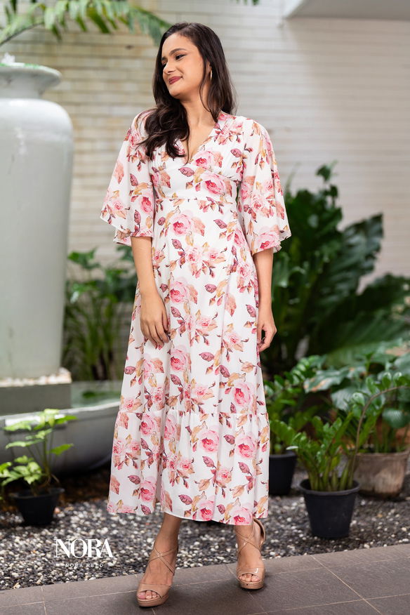 WHITE PRINTED V-NECK FRILL HEM MAXI DRESS WITH FLARED SLEEVES