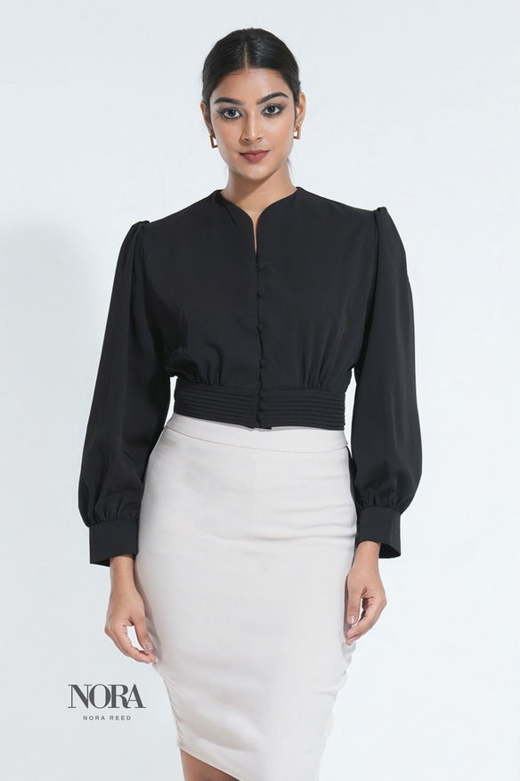 Workwear High Neck Sweetheart Long Sleeve Top Black
