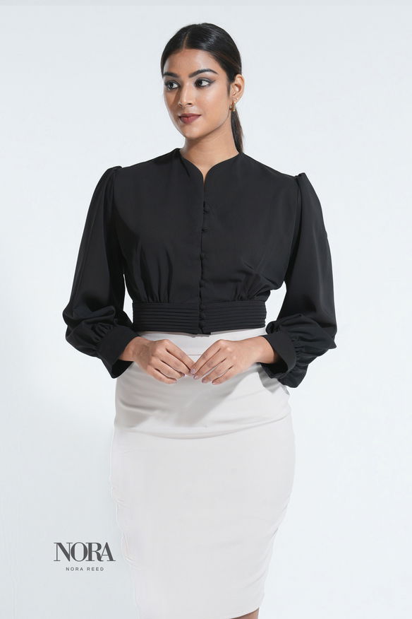 Workwear High Neck Sweetheart Long Sleeve Top Black