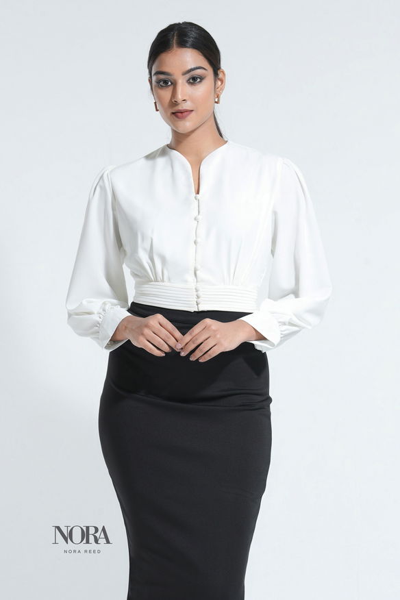Workwear High Neck Sweetheart Long Sleeve Top White