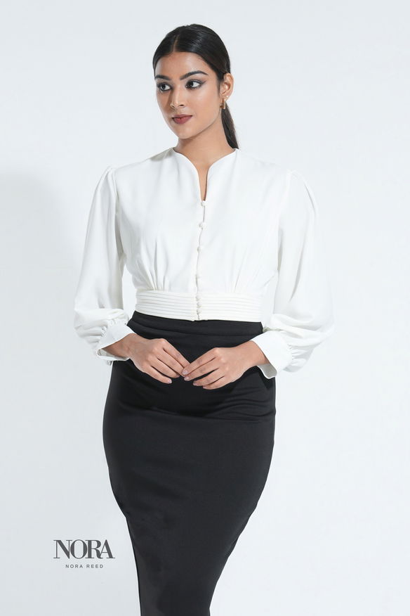 Workwear High Neck Sweetheart Long Sleeve Top White