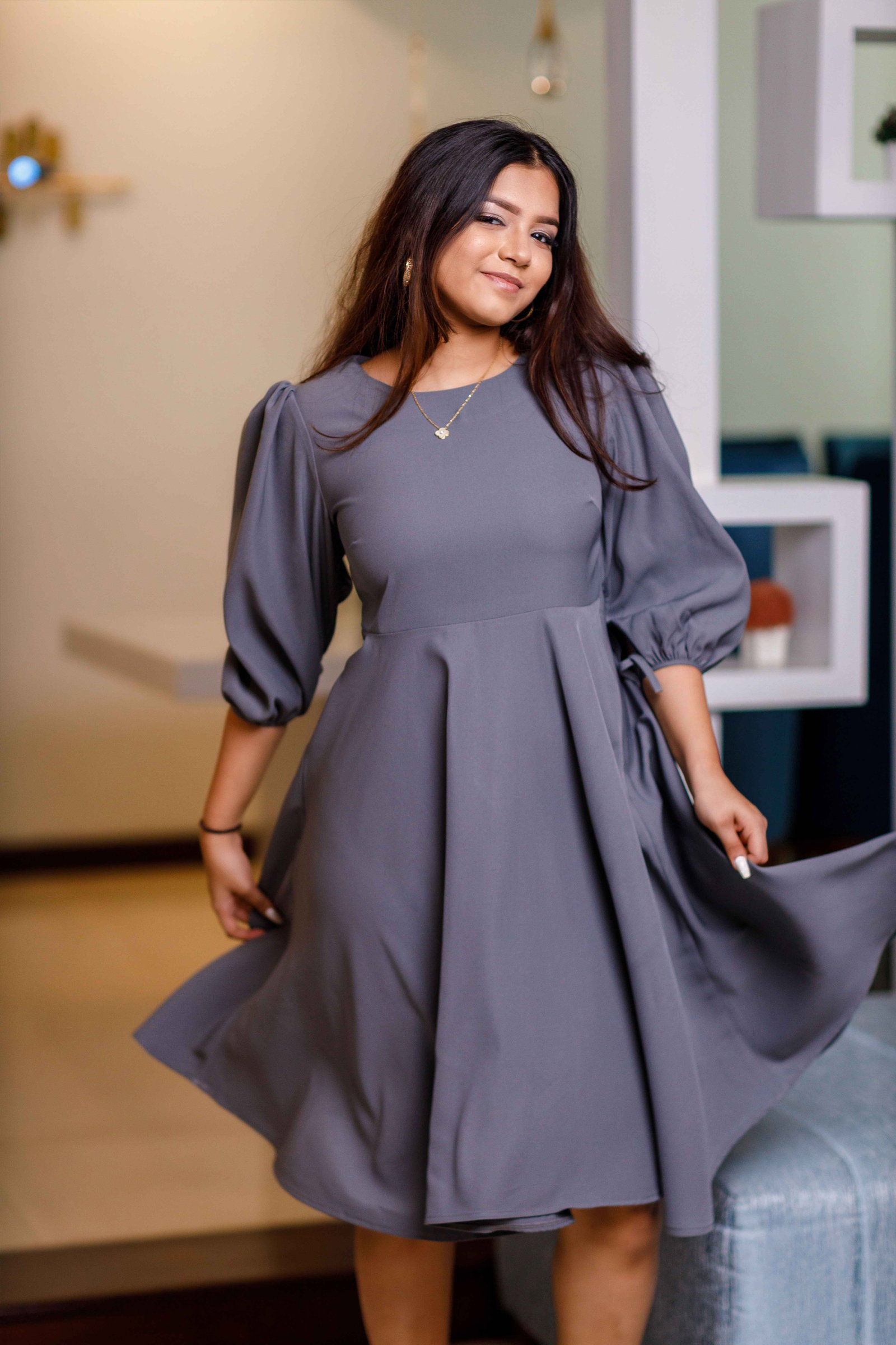 balloon sleeve a line dress Balloon Sleeve Brushed A-Line Dress – iOikos
